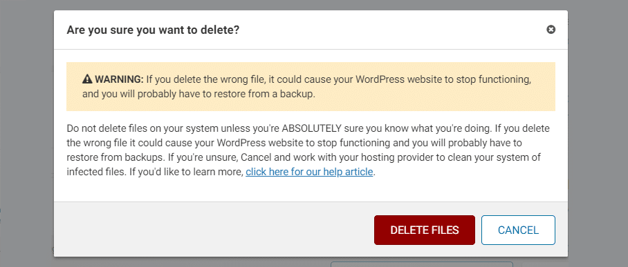 Il messaggio di avvertimento che compare prima di eliminare i file dice “If you delete the wrong file, it could cause your WordPress website to stop functioning and you will probably have to restore from a backup”