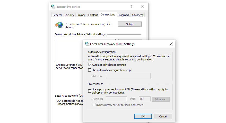 Tắt máy chủ proxy trong Windows thông qua bảng điều khiển Cài đặt Thuộc tính Internet & gt; Kết nối & gt; Mạng cục bộ (LAN).