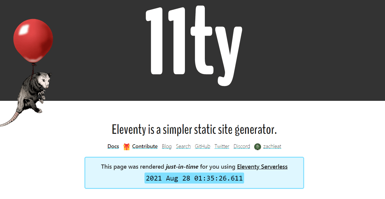 The Eleventy static site generator homepage with the headline"Eleventy is a simpler static site generator."