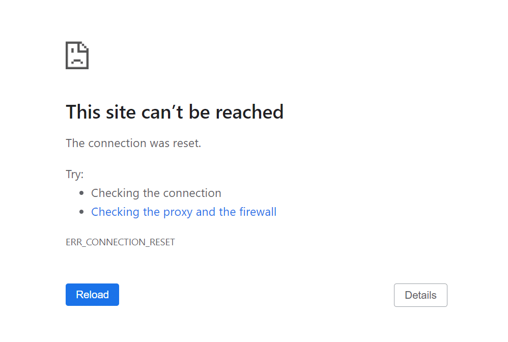 The err_connection_reset error in Chrome with the text 