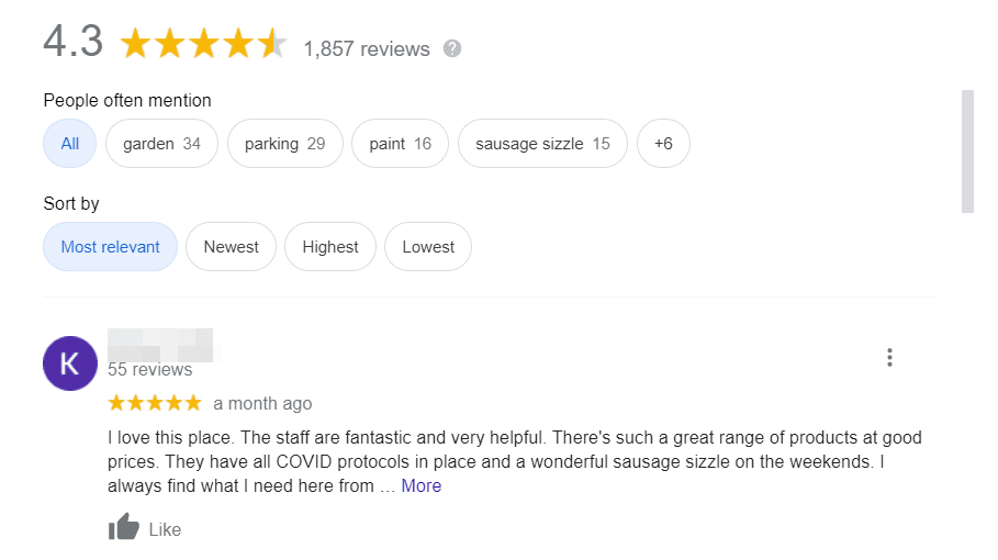 Voorbeeld van Google reviews