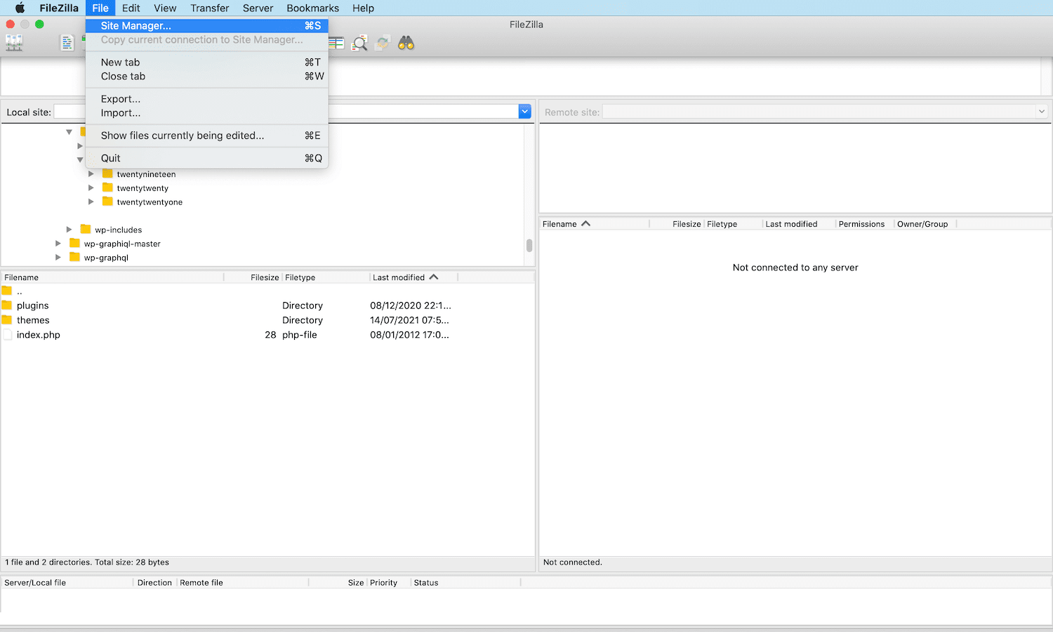 The FileZilla FTP client with the File > Site Manager menu option highlighted.