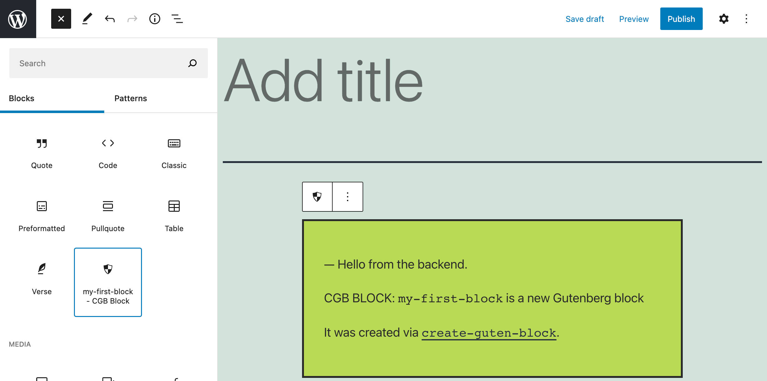 Een nieuw blok gemaakt met create-guten-block.