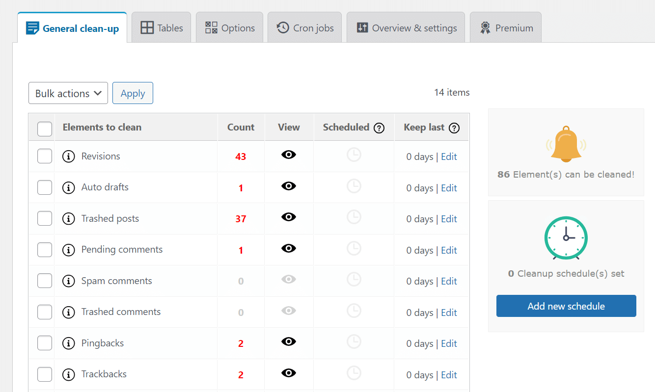 A screenshot for MySQL performance tuning showing Advanced Database Cleaner plugin with a list of cleanup options for revisions, auto drafts, trashed posts, etc.