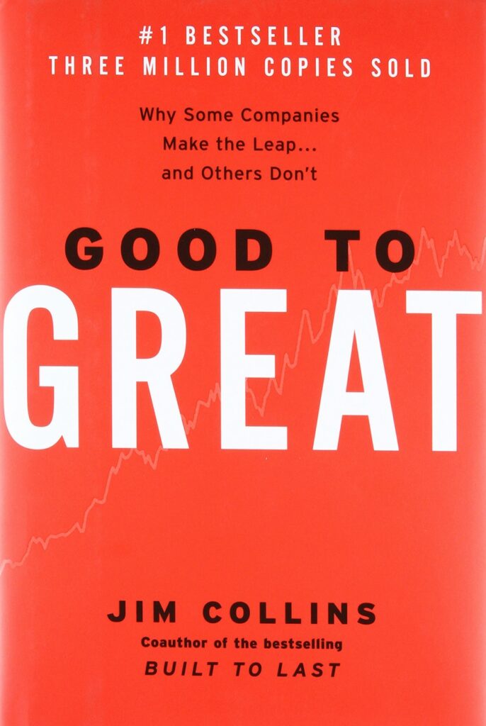 Cover of the book Good to Great di Jim Collins con il titolo in grande testo in bianco e nero su uno sfondo rosso con un grafico a linee.