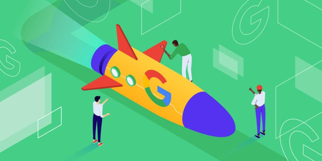Illustration of people examining a colorful spaceship with the Google logo on its side.