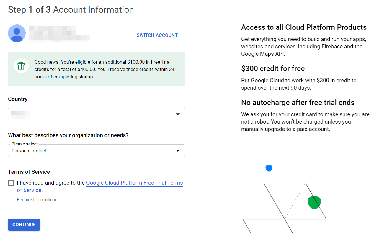 Step 1 di 3 su Google Cloud Console: iscrizione alla prova gratuita