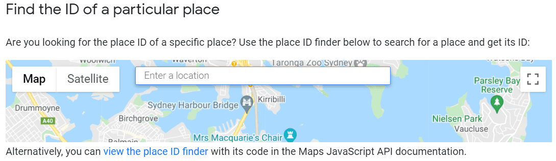 La schermata da cui usare il Google Place ID finder