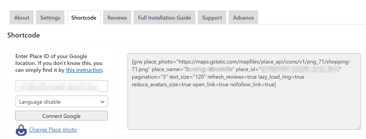 Enter your Google Place ID under the shortcode tab