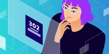 Illustration for HTTP 302 showing a woman looking at a translucent screen displaying the 302 error.