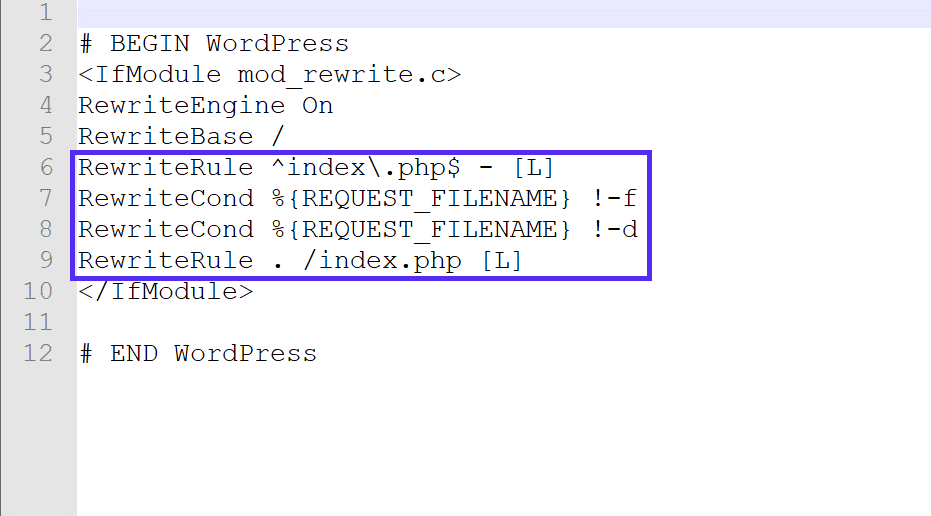 A screenshot of an .htaccess file open in a text editor, with RewriteXXX directives highlighted within the code.