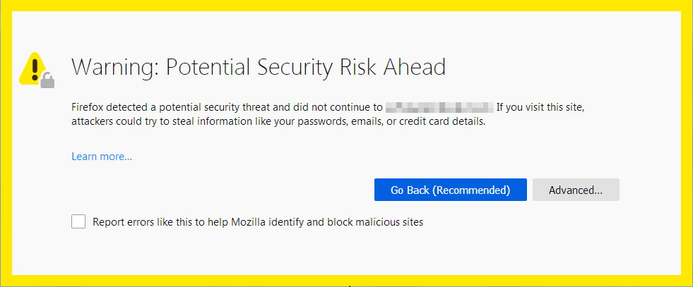 Firefox security risk warning message with the text "Warning: Potential Security Risk Ahead."