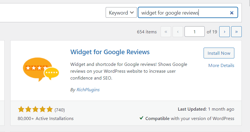 Il riquadro del plugin Widget for Google Reviews nell’admin di WordPress