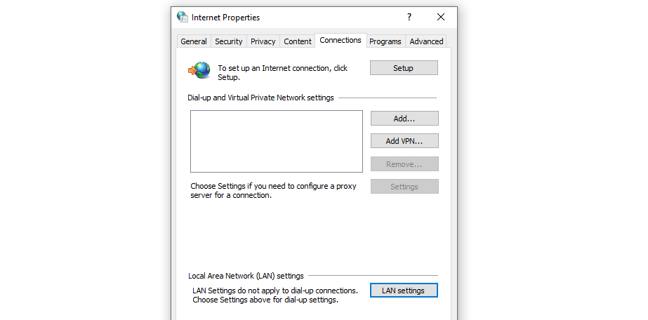 Sửa đổi cài đặt Internet Windows của bạn qua bảng Thuộc tính Internet & gt; Kết nối.