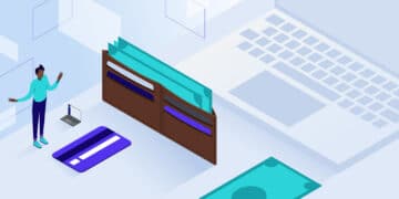 Illustration of a tiny person standing beside a giant wallet and laptop, with a large blue credit card on the ground in front of her.