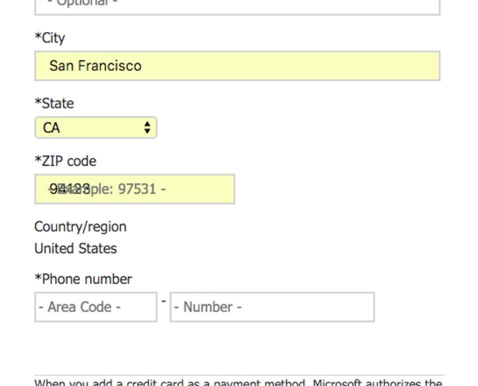 Un modulo di pagamento che mostra sovrapposizione di testo nel campo "ZIP code".