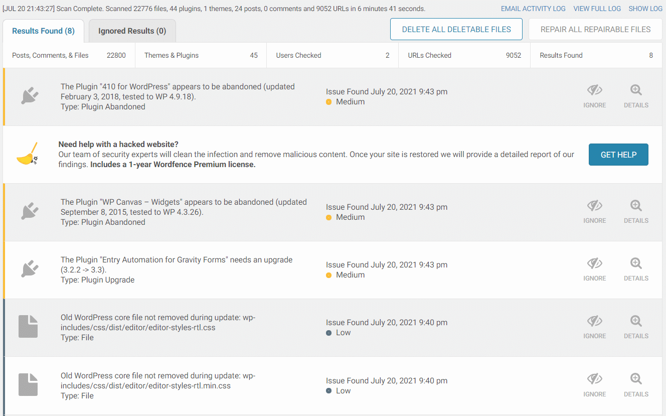 Malware scan detailed results