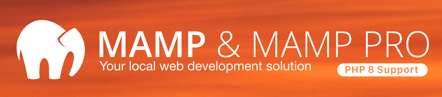 The MAMP homepage with the text "MAMP & MAMP PRO: Your local web development solution. PHP 8 Support."