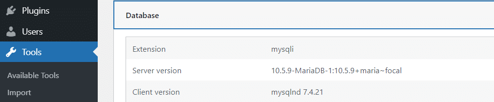 Dalla bacheca di WordPress, sezione Strumenti, potete verificare la versione di MySQL.