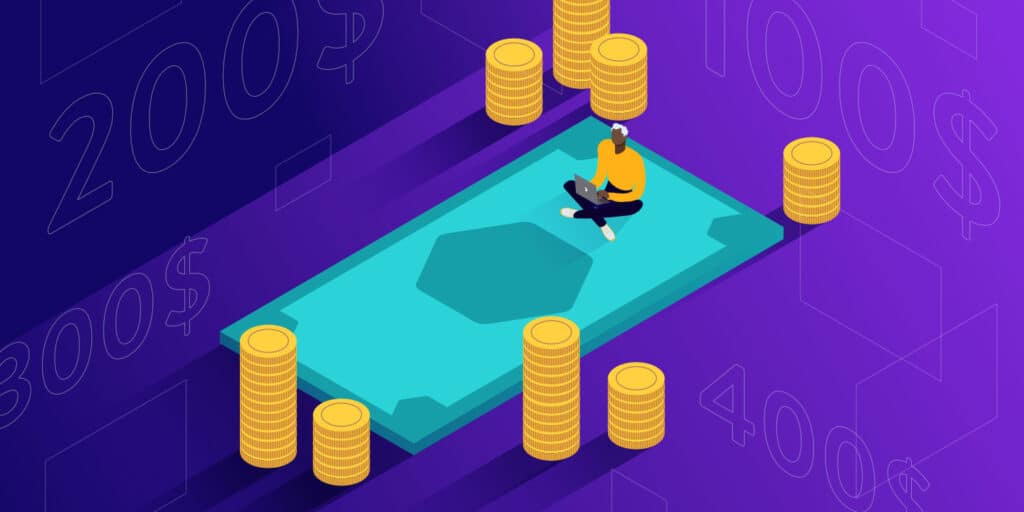 Illustration for Node.js developer salary showing of a person sitting cross-legged with a laptop on top of a huge green dollar bill, surrounded by giant stacks of gold coins.