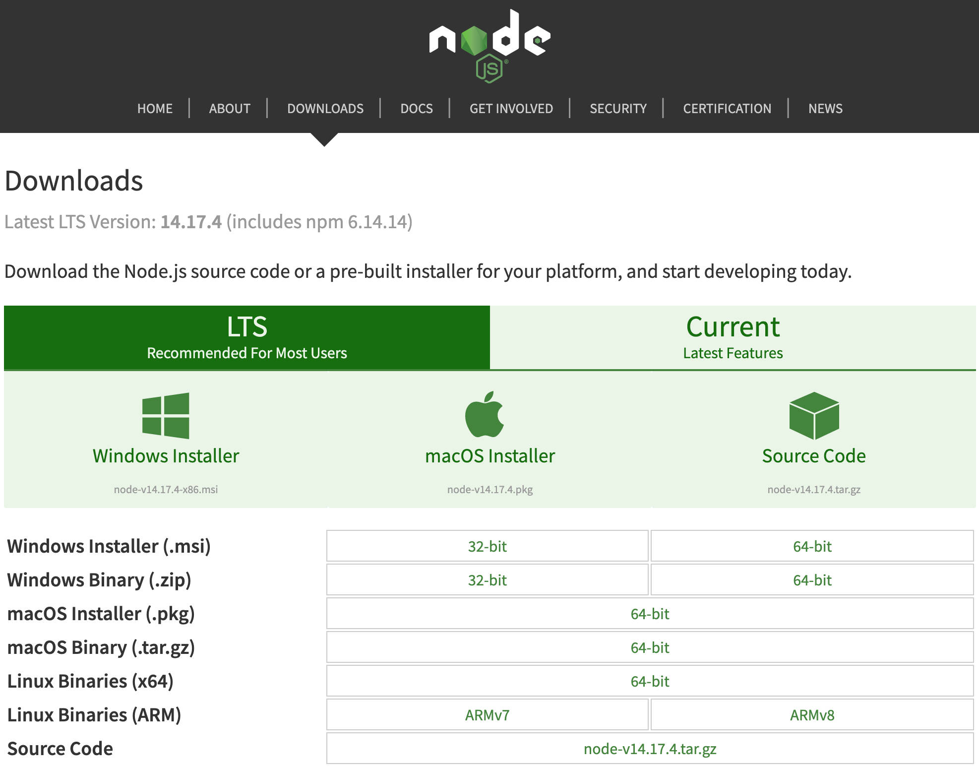 Pagina di download di Node.js.