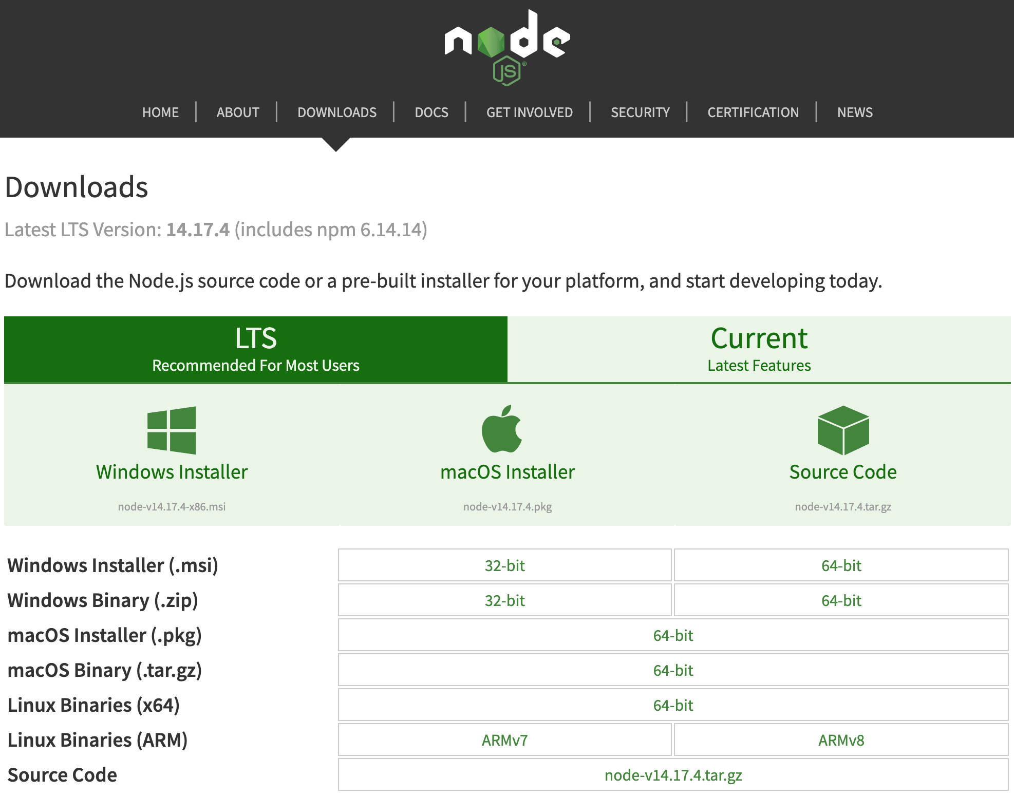 Node.jsのダウンロードページ