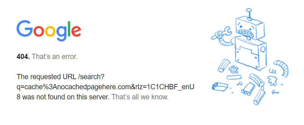 Schermata dell’errore 404, con robottino in lacrime, che compare quando una pagina non ha una versione in cache.