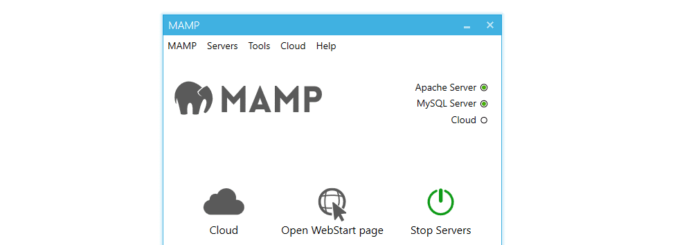 Opening your MAMP WebStart page, which shows your Apache server, MySQL server, and cloud statuses.