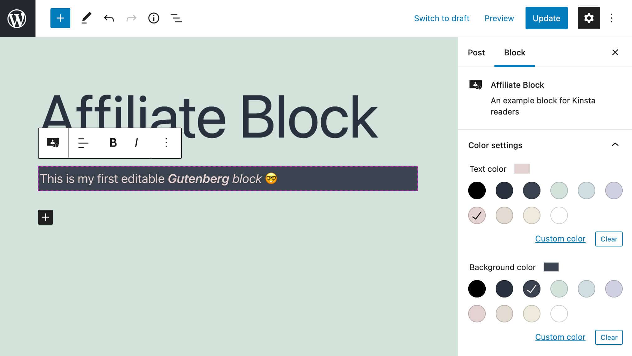 Un bloque personalizado con un panel de ajustes de color.