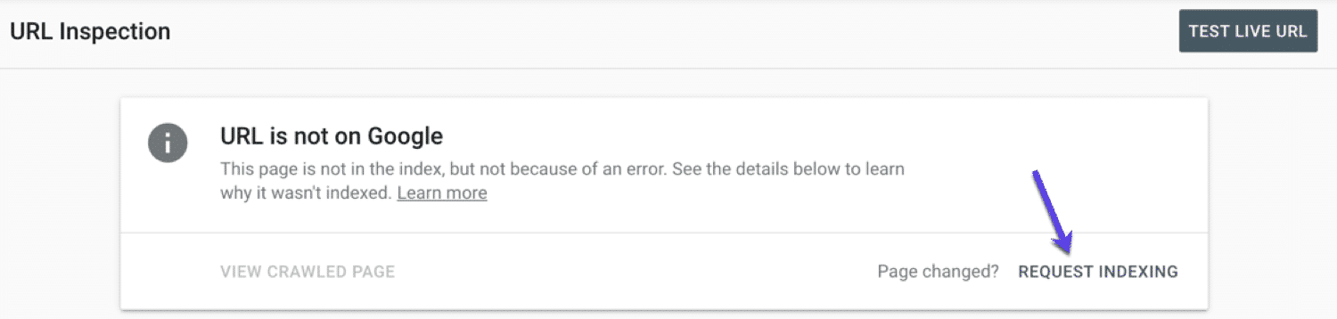 Google Search Console URL Inspection tool with an arrow pointing to the"Request Indexing" option.