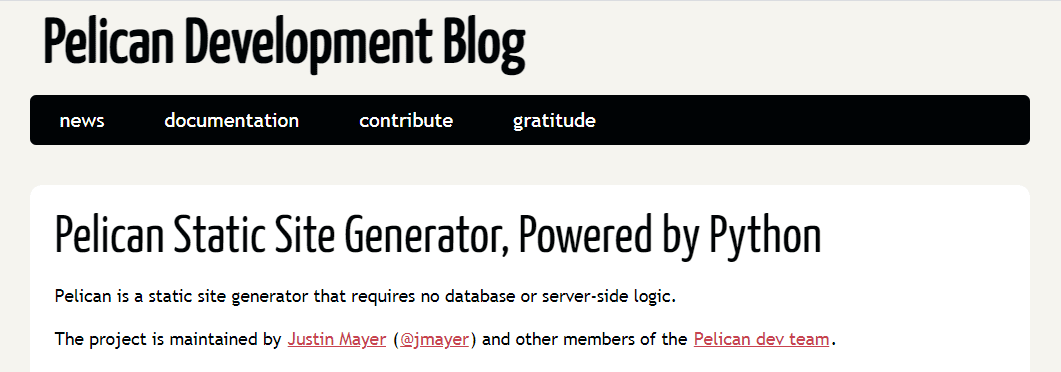 The Pelican static site generator blog page with the headline"Pelican Static Site Generator, Powered by Python".