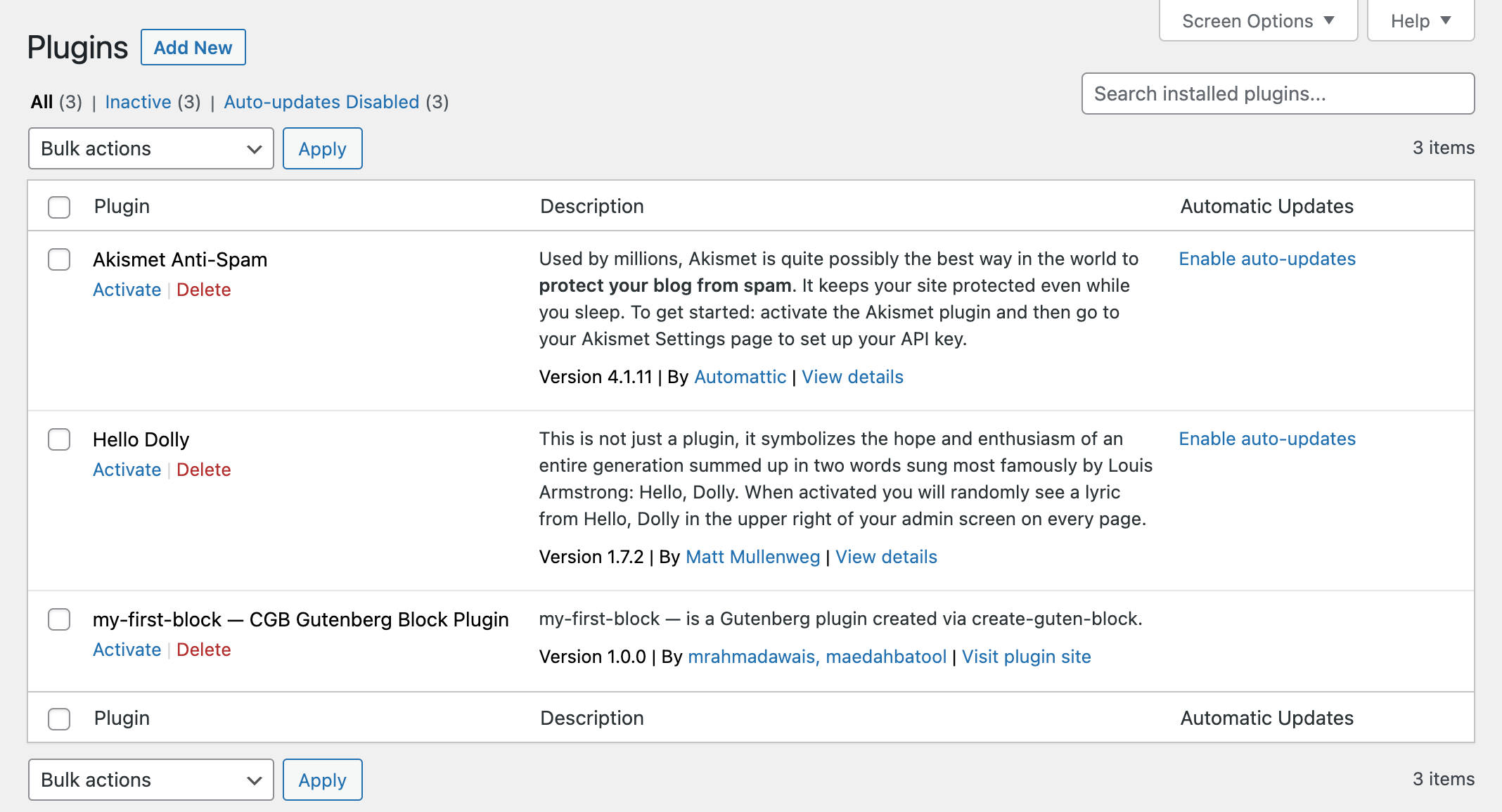 Het Plugins scherm met een nieuwe plugin gemaakt met create-guten-block.