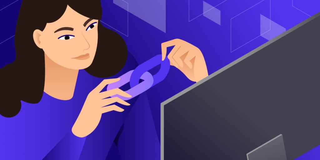 Ilustración para "eliminar la siguiente cadena de redireccionamiento si es possible" que muestra a una mujer frente a la pantalla de una computadora, sosteniendo dos eslabones entrelazados en una cadena.