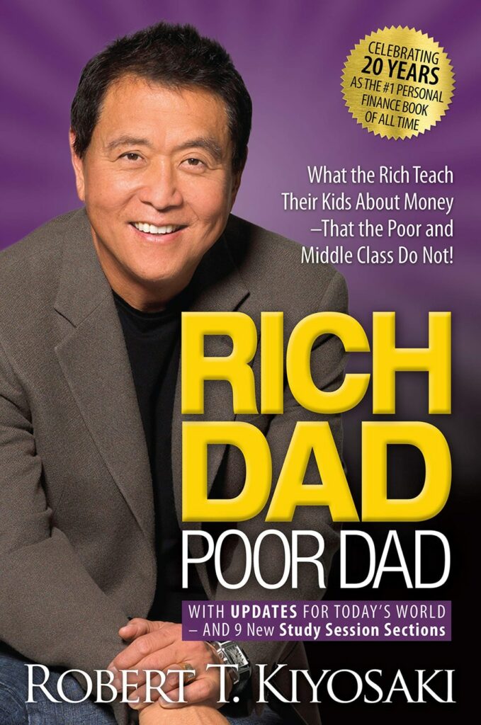 Cover of the book Rich Dad Poor Dad with a photo of the author Robert T. Kiyosaki in a suit, smiling at the camera.