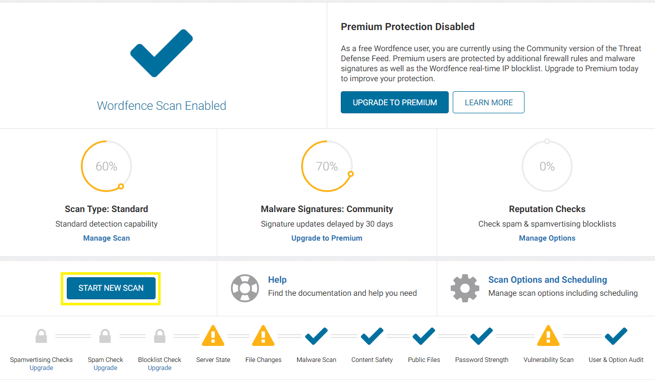 Commencer une nouvelle analyse avec Wordfence.