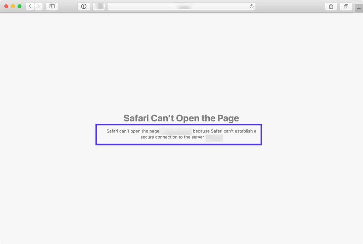 A screenshot of the “Safari can't establish a secure connection to the server” error.