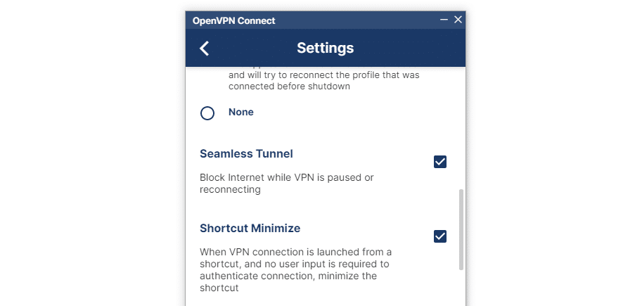 The OpenVPN software showing the "Settings" panel.