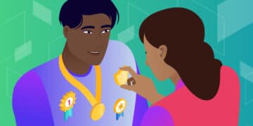 Illustration for trust badges showing a woman pinning winner medals onto a man's shirt.