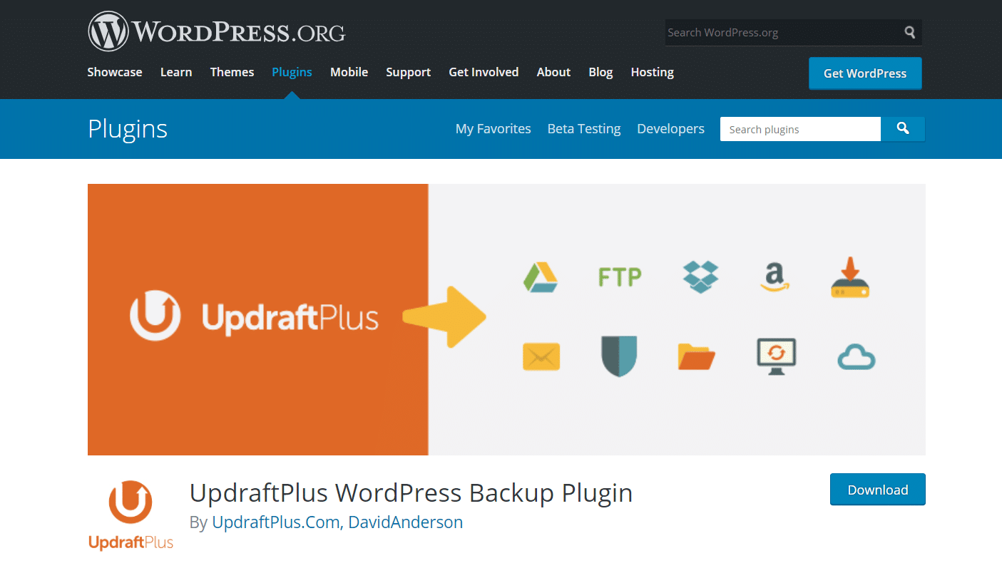 Homepage del plugin WordPress per i backup UpdraftPlus