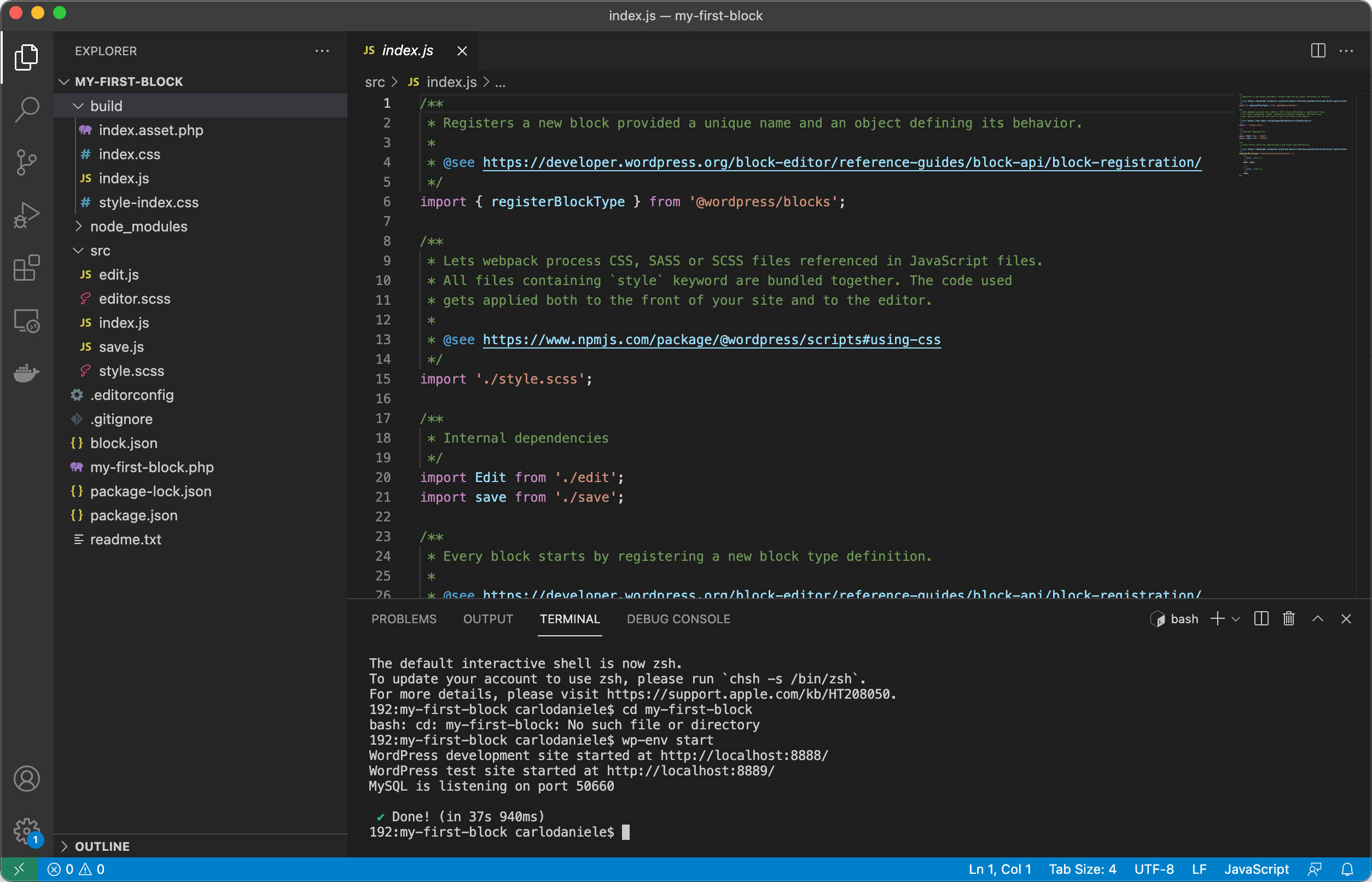 Esecuzione di comandi dal terminale di Visual Studio Code.