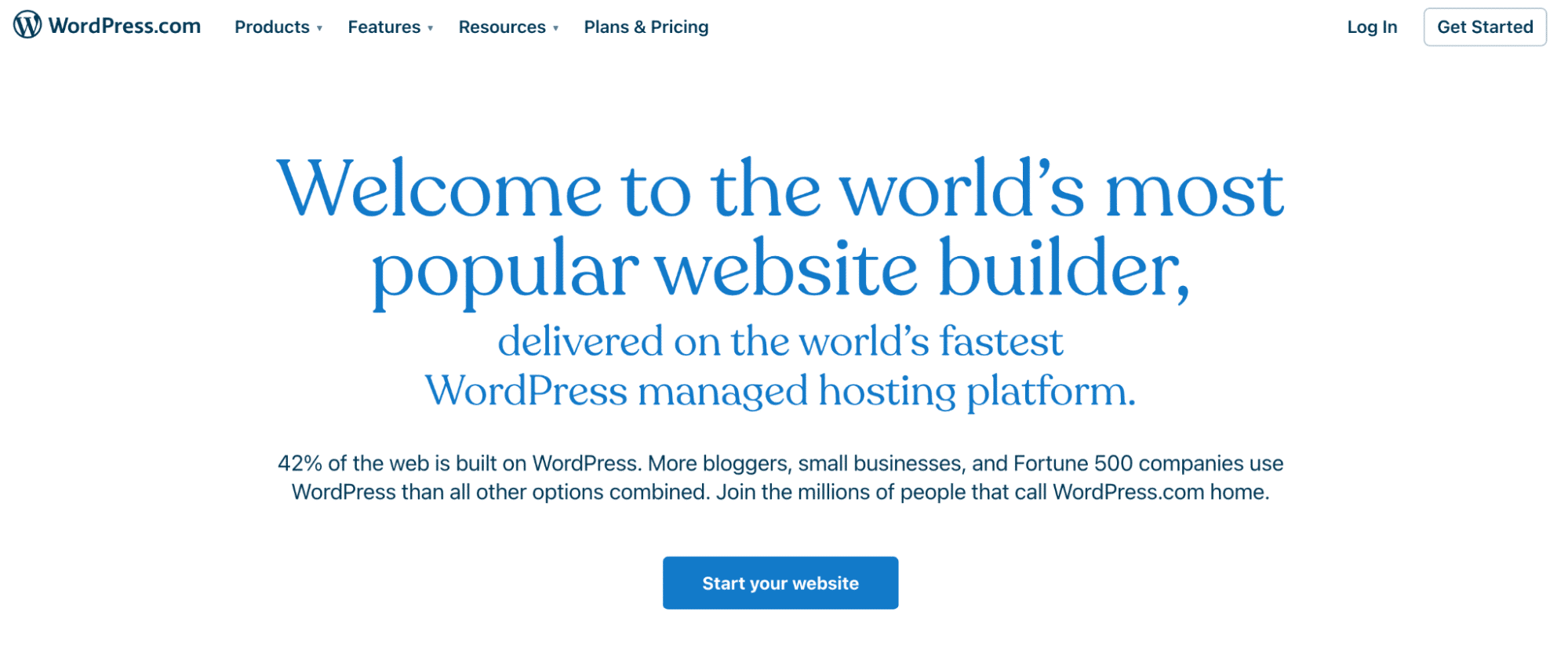 Screenshot della homepage di WordPress.com con un testo blu su sfondo bianco che dice Welcome to the world’s most popular website builder, delivered on the world’s fastest WordPress managed hosting platform.