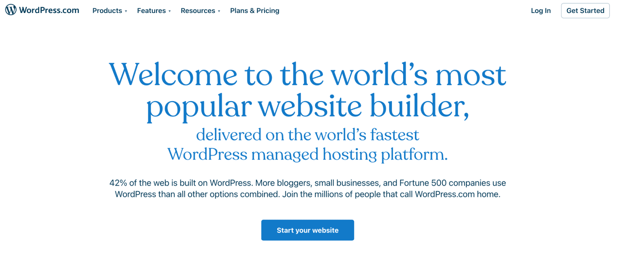 A screenshot of the WordPress.com homepage with blue text on a white background saying