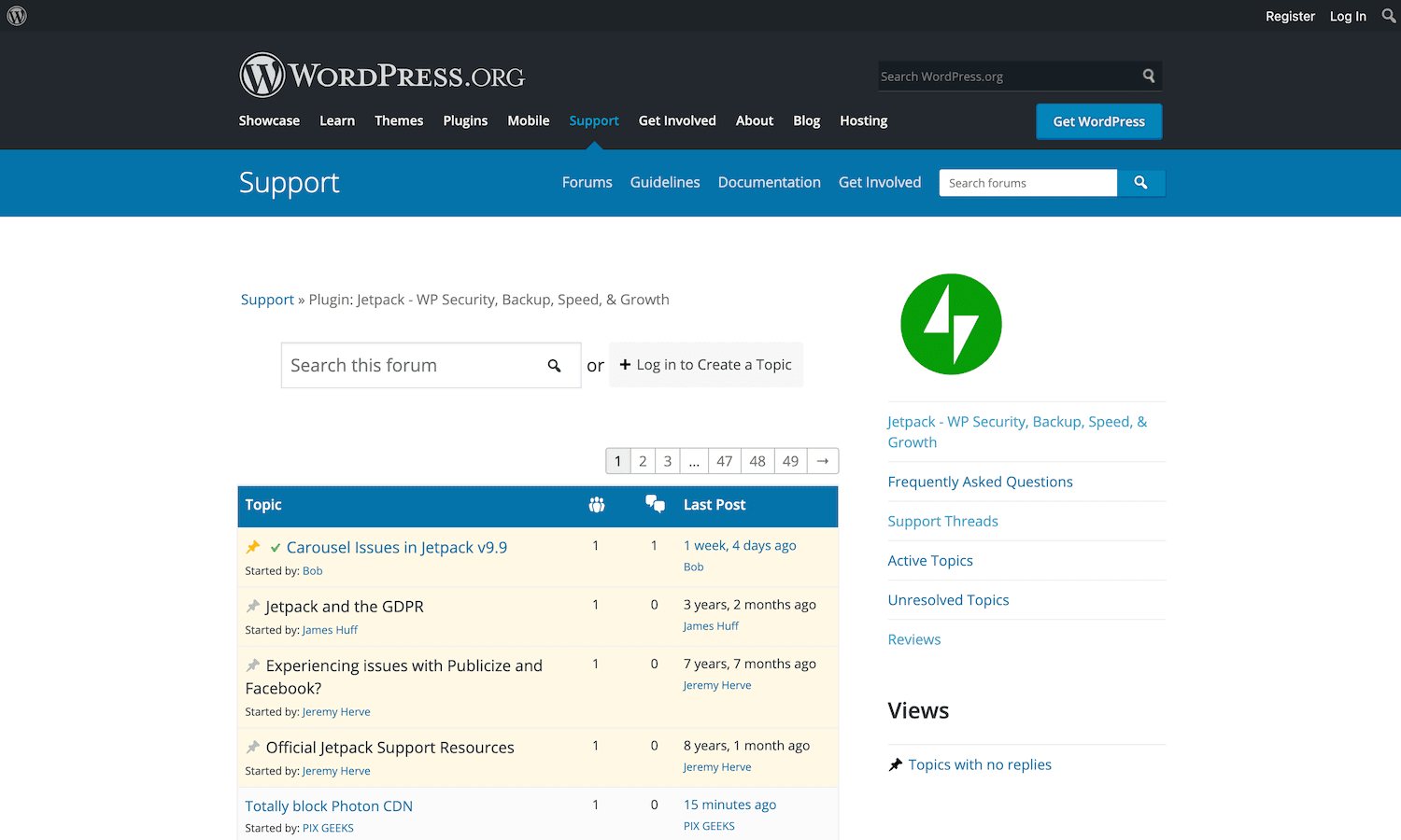 Un onglet Support dans le répertoire officiel de WordPress.
