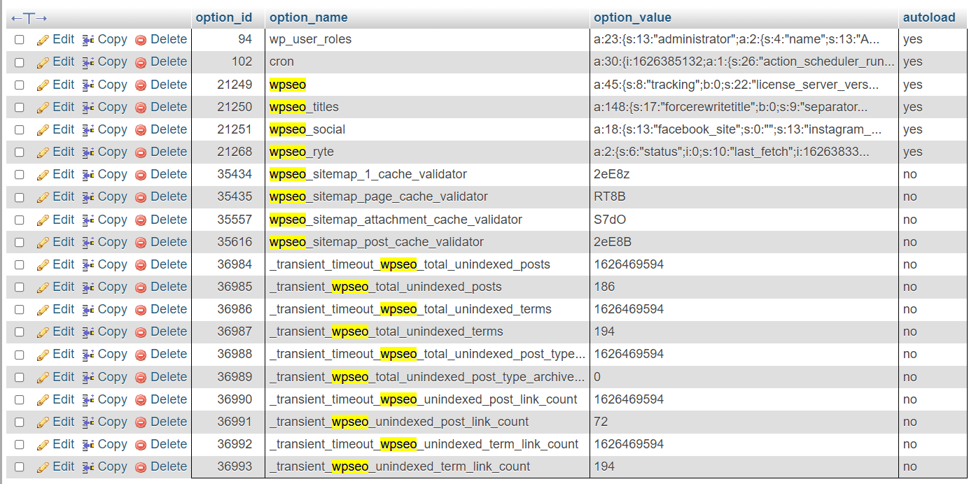 La schermata di un database con diverse voci relative a Yoast SEO.