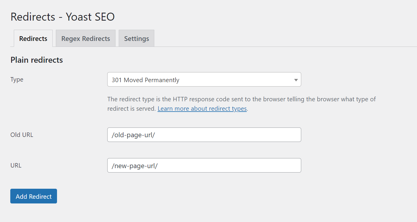 The Yoast SEO Premium plugin redirect settings page.