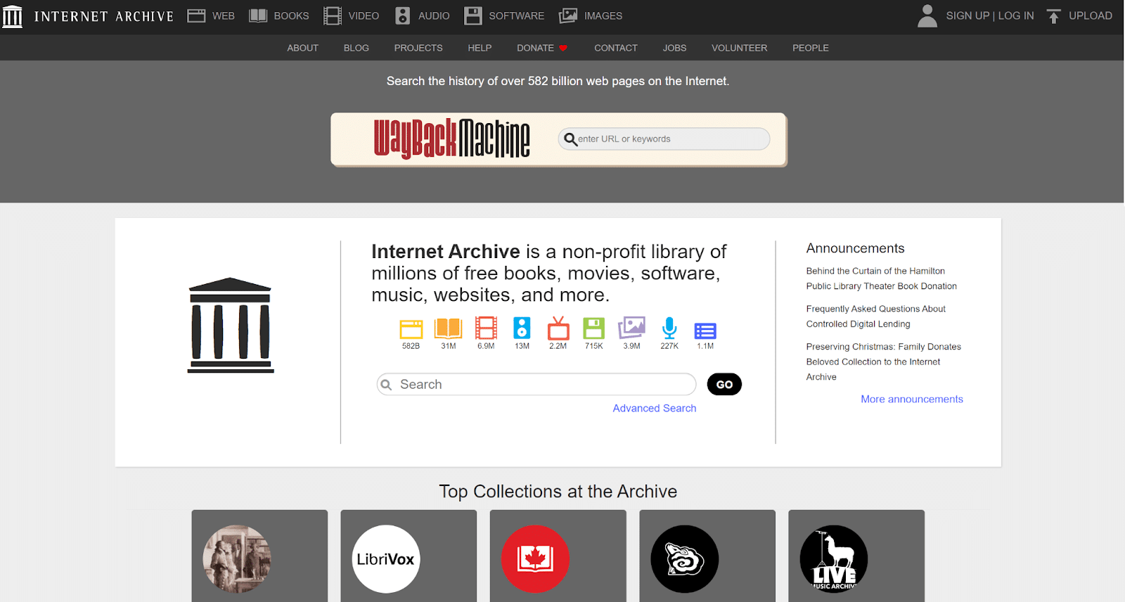 Homepage di Wayback Machine.