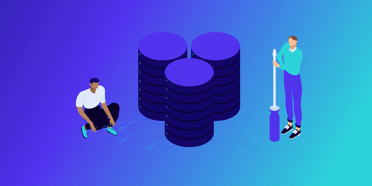 An illustration of two people standing around a server against a blue background.