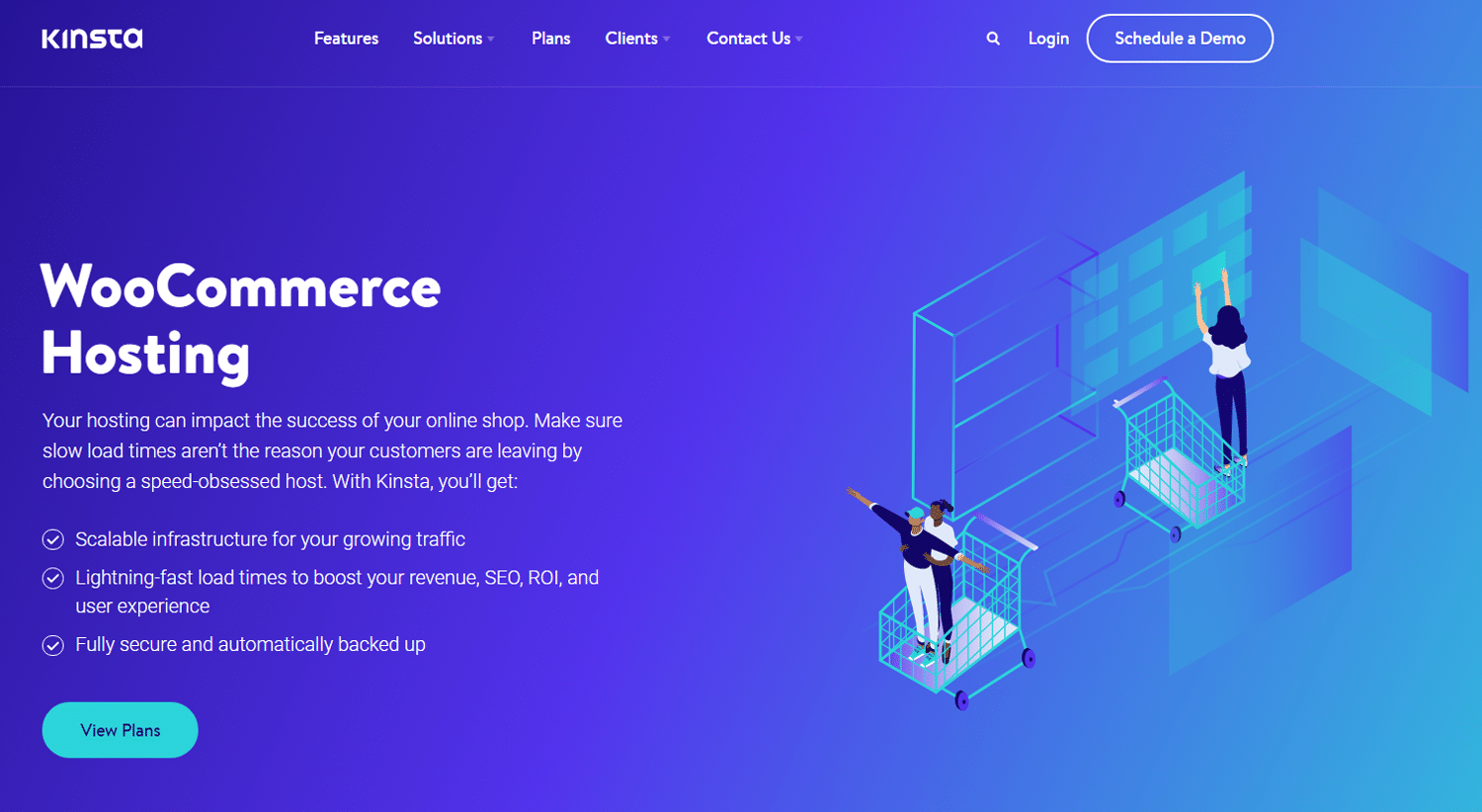 Kinsta's WooCommerce hostingpagina met een illustratie van mensen en winkelwagentjes tegen een blauwe achtergrond.