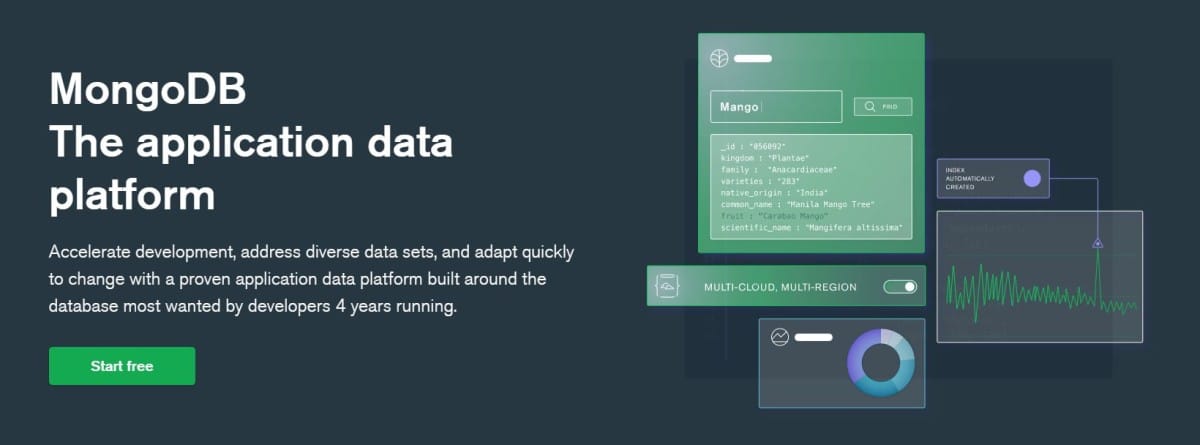 Homepage di MongoDB con il motto The application data platform