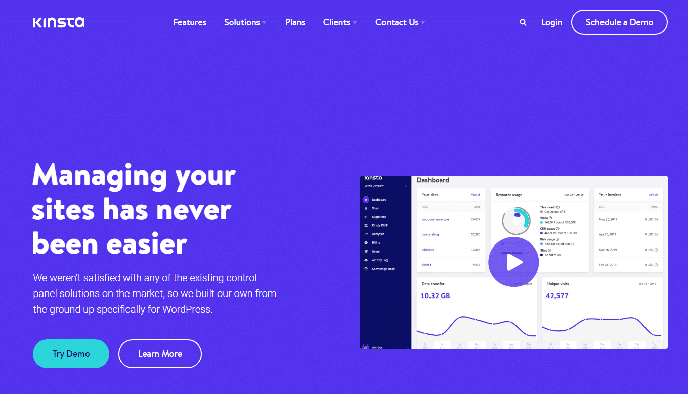 MyKinsta dashboard on the Analytics page, showing a bar graph for site cache